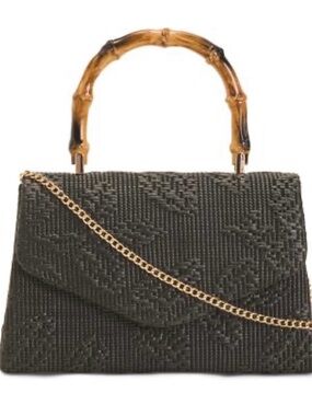 Woven Black Satchel with Bamboo-Style Top Handle and Gold Chain